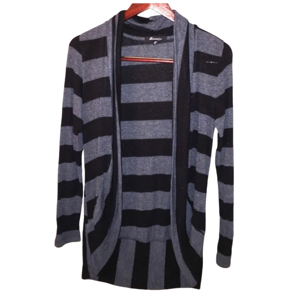Black & Gray Striped Open Long Sleeve Sweater by forever 21